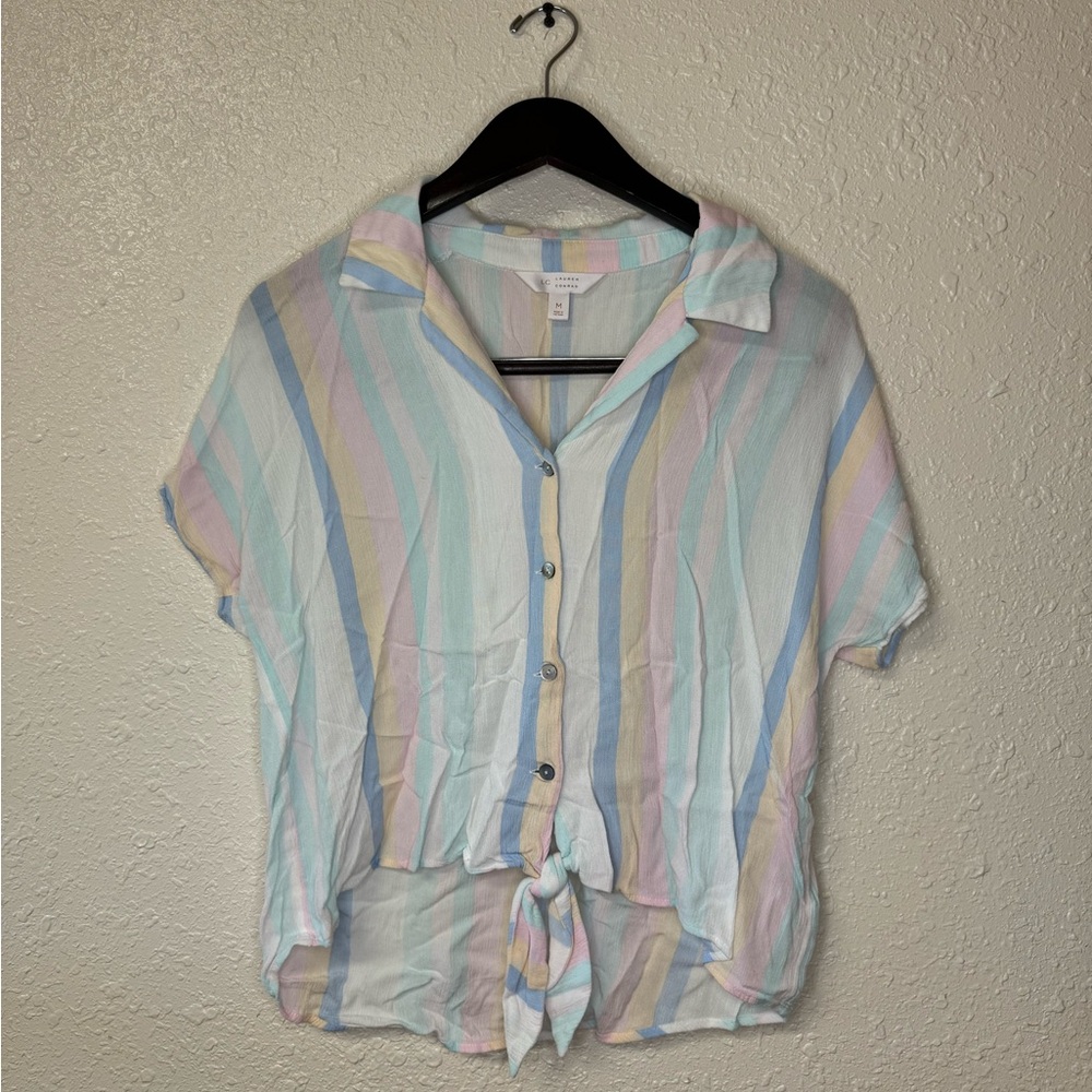 Lauren Conrad Blouse Striped Pink Blue Yellow Size M